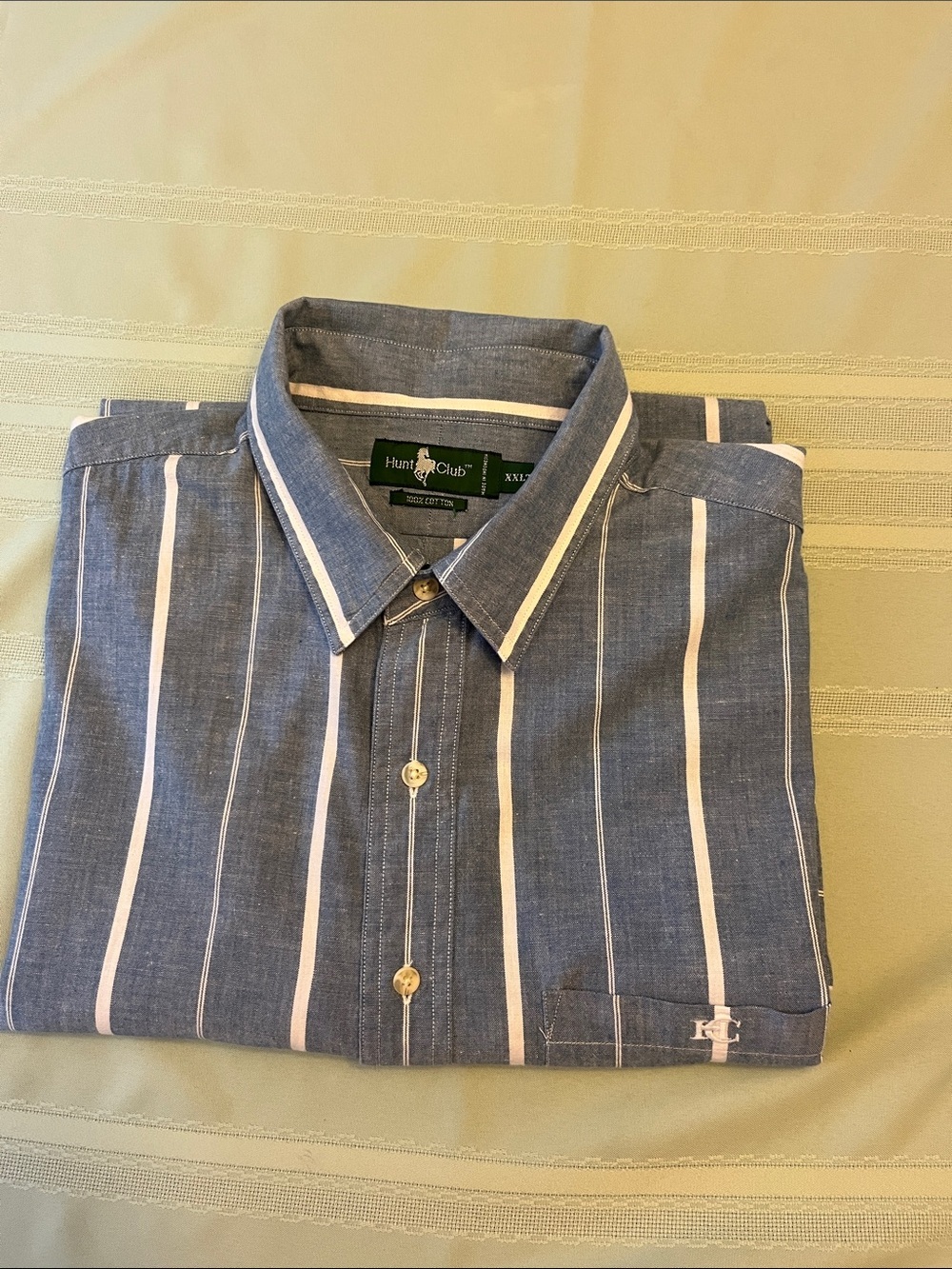 Hunt Club Blue and White Vertical Stripe Button-Down short sleeve Shirt.